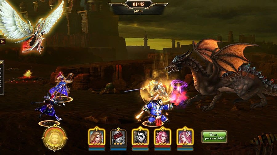 Отряд игрока сражается с боссом-драконом